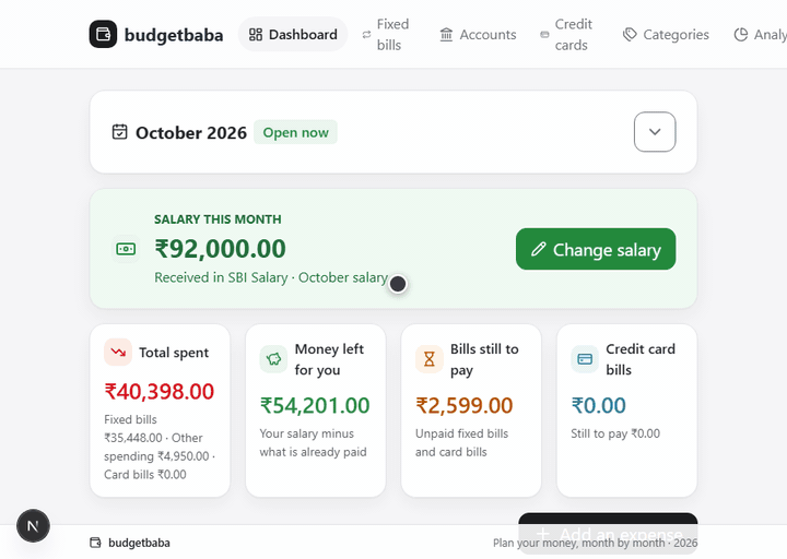 budgetbaba add expense form with name, amount, date, category and payment source