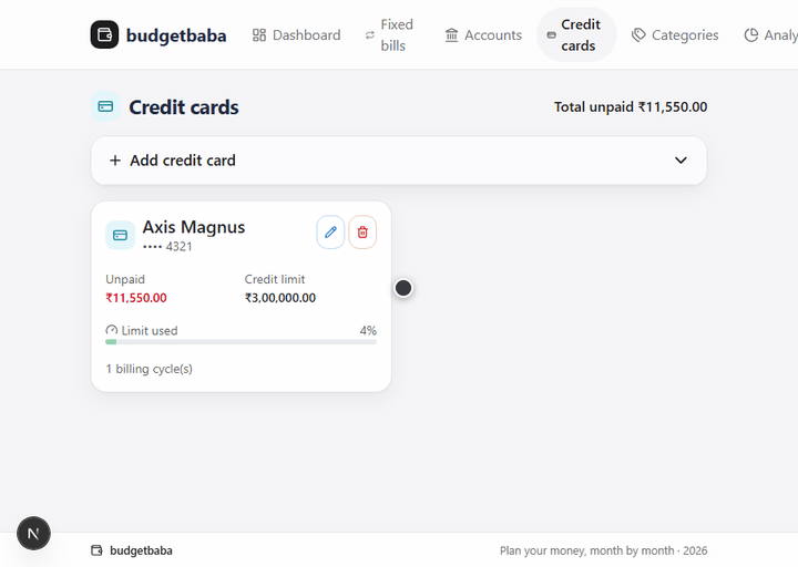 budgetbaba credit cards page listing cards and billing cycles
