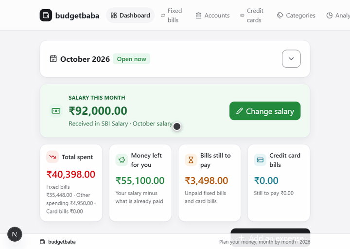 budgetbaba fixed bills page with paid and unpaid bills
