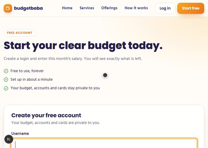 budgetbaba sign-up screen with username and password fields